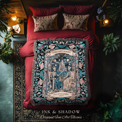Celestial Couple Custom Skeleton Baroque Throw | Goth Regal Romance Castle King & Queen Whimsical Lovers Blanket Magic Mystical Personalized