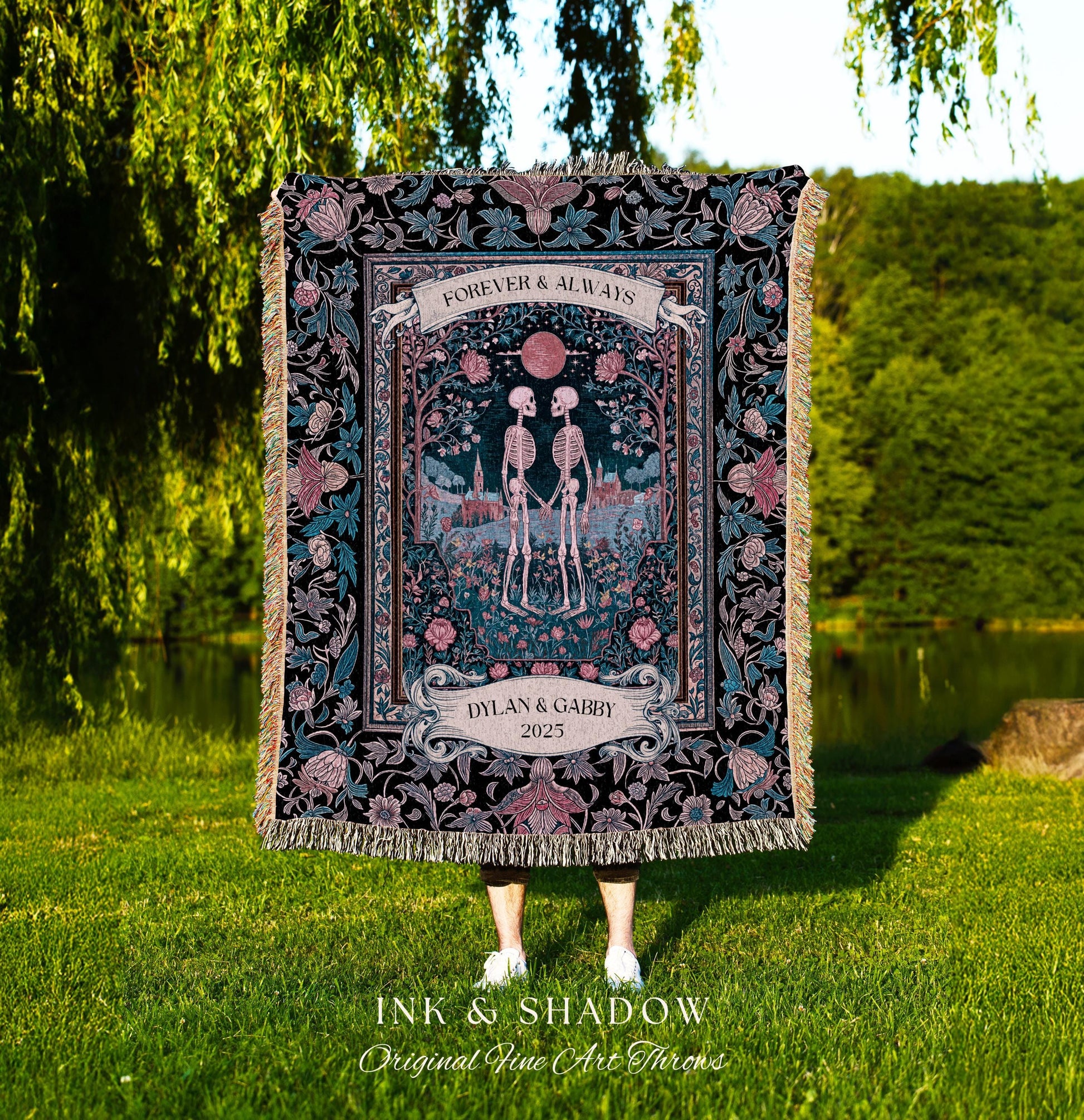 Rosy Royal Skeleton Garden Lovers Tapestry | Whimsigothic Spooky Season Anniversary Dark Academia Personalized Witchy Cottagecore Aesthetic