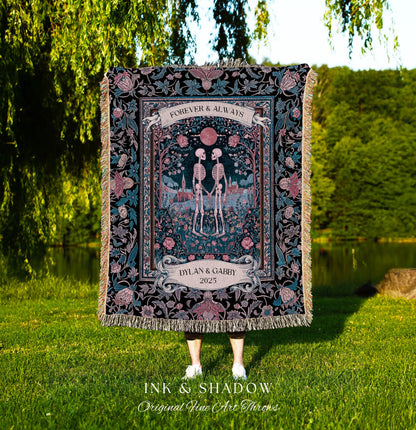 Rosy Royal Skeleton Garden Lovers Tapestry | Whimsigothic Spooky Season Anniversary Dark Academia Personalized Witchy Cottagecore Aesthetic
