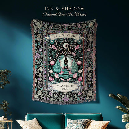 Eclectic Floral Custom Frog Couple Throw | Forestcore Aesthetic Until we Croak Cute Cottagecore Woven Tapestry Whimsy Mystical Fairycore |