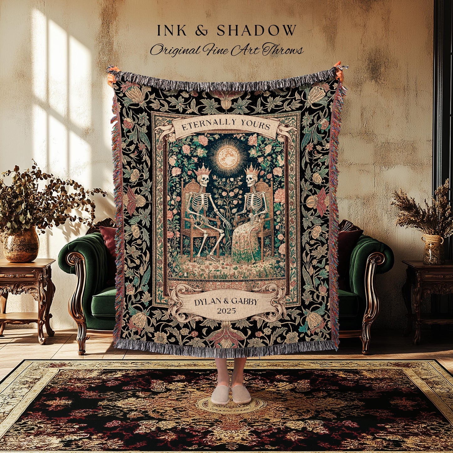 Mystic Lovers Skeleton Custom Throw | Baroque Anniversary Couple Gothic Magic Celestial Aesthetic Sunlit Throne Mystical Floral Blanket |