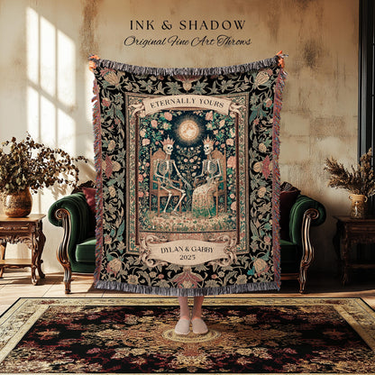 Mystic Lovers Skeleton Custom Throw | Baroque Anniversary Couple Gothic Magic Celestial Aesthetic Sunlit Throne Mystical Floral Blanket |