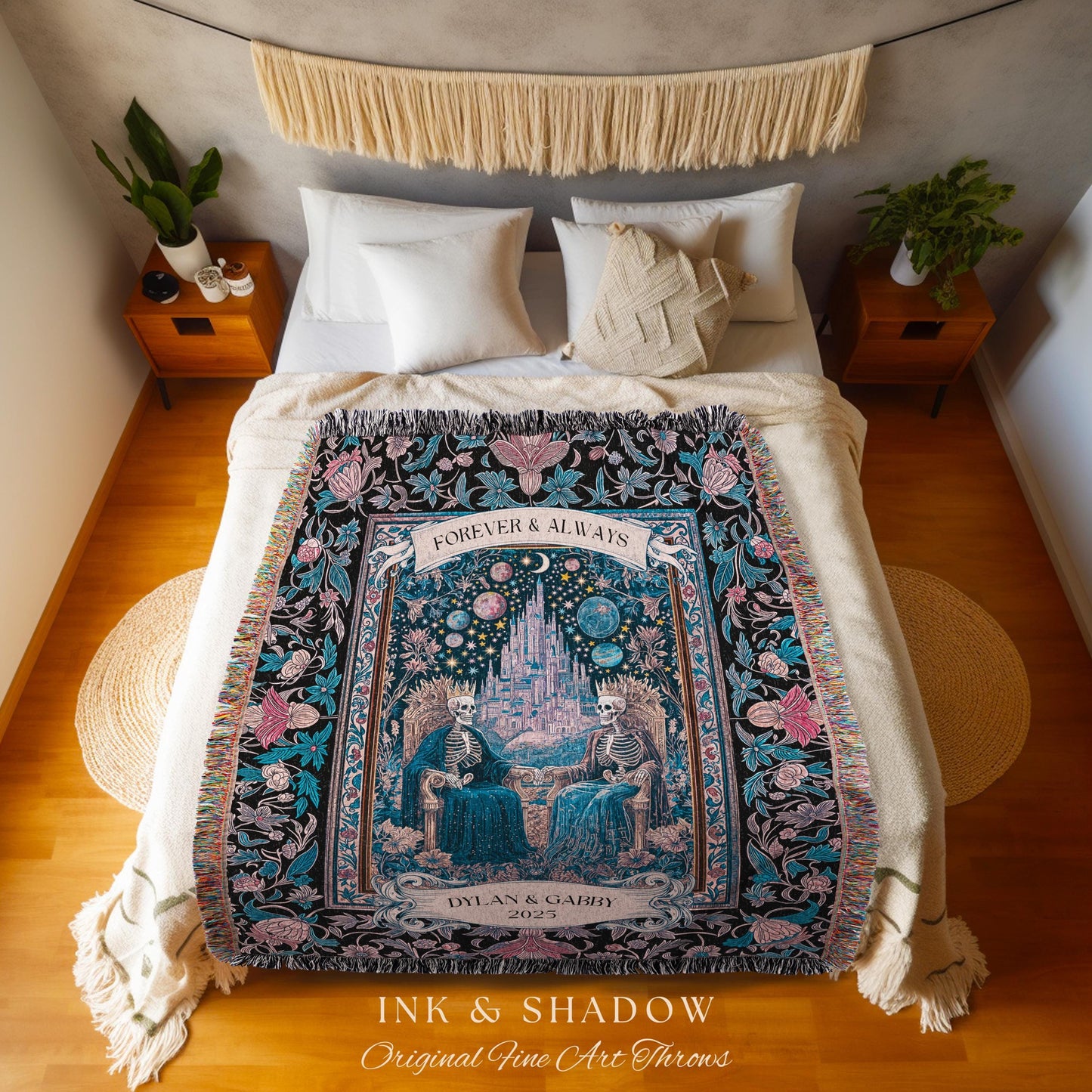 Celestial Skeleton Lovers Custom Throw | Dark Academia Castle Fantasy Whimsigothic Personalized Couple Fairytale Floral Magic Aesthetic Gift