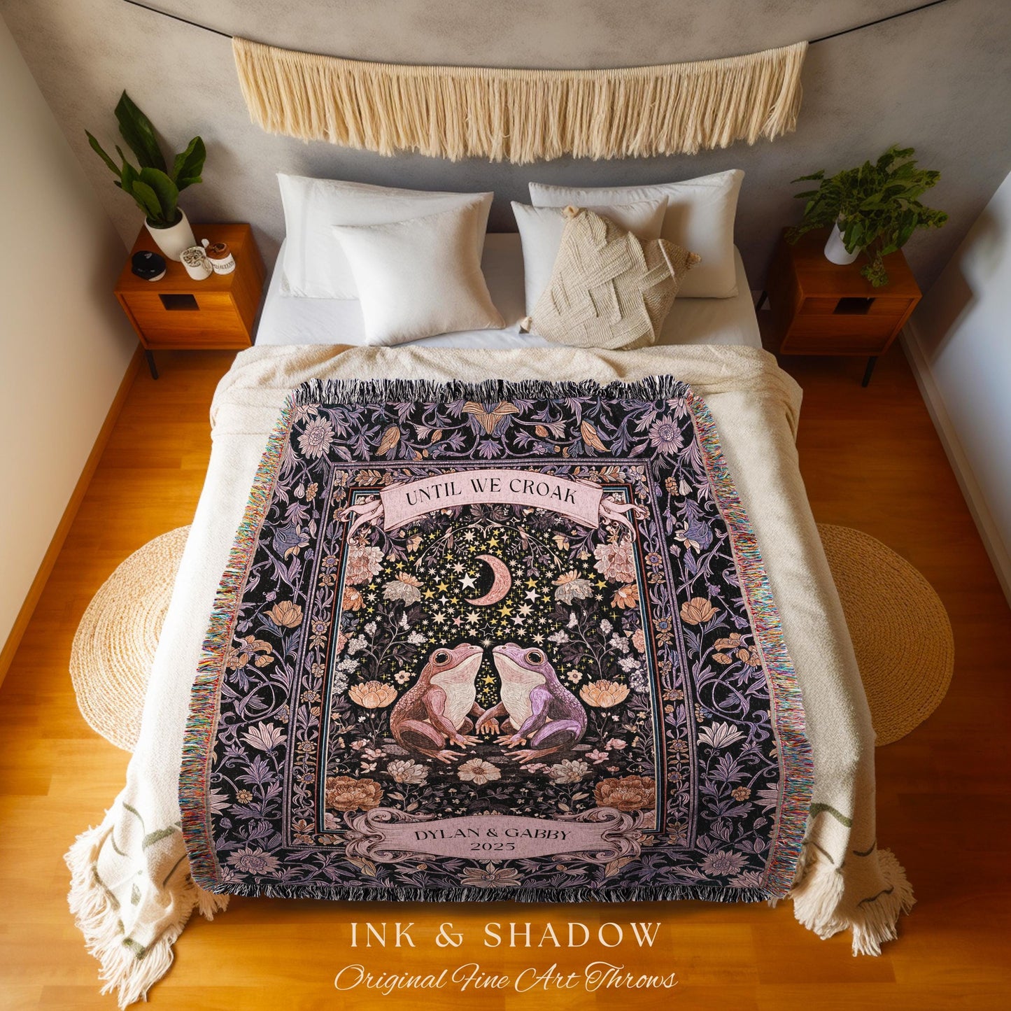 Soft Fairycore Frog Couple Custom Throw | Purple Whimsical Personalized Anniversary Cottagecore Aesthetic Until We Croak Wedding Blanket |