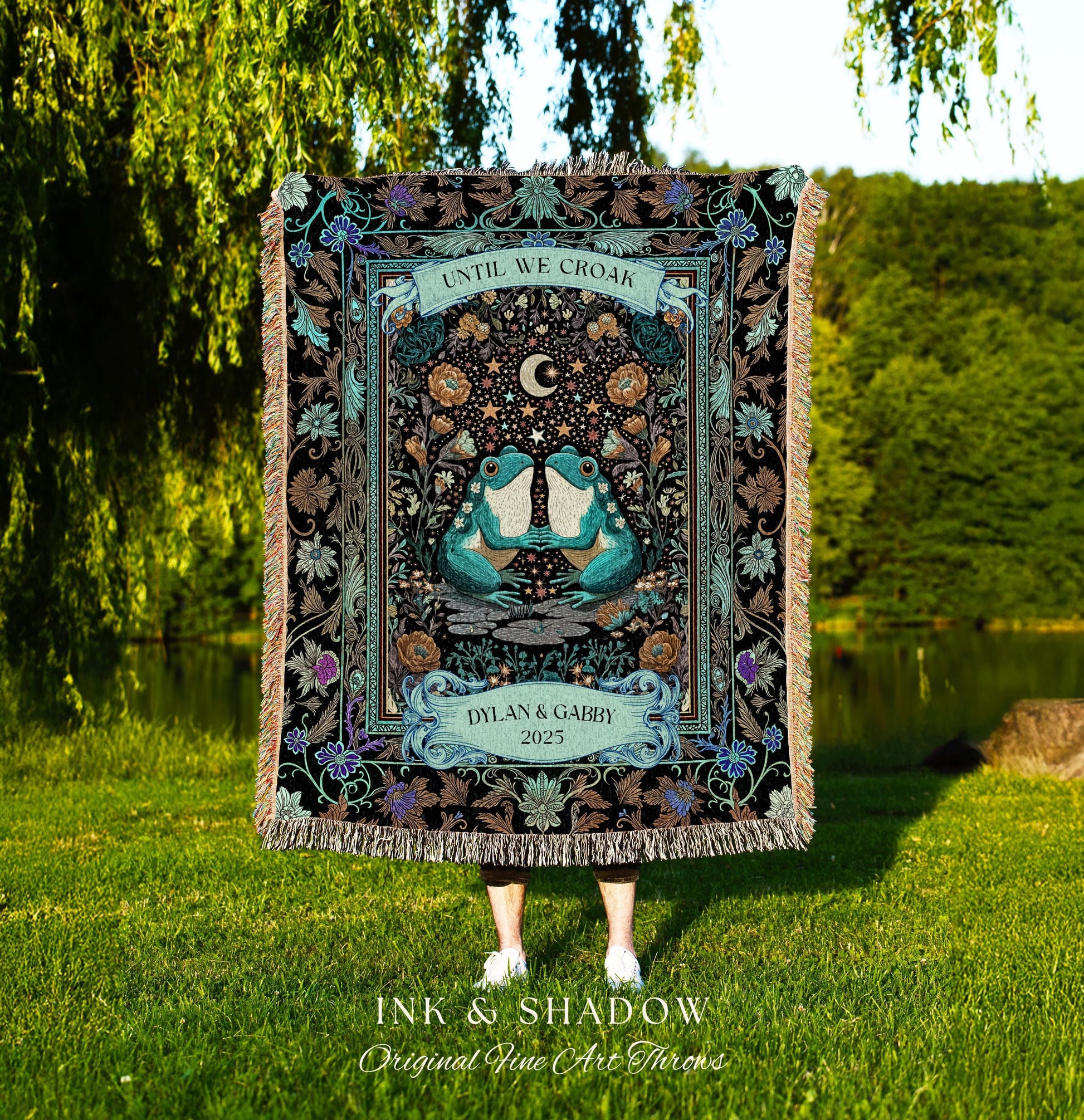 Frog and Toad Celestial Lovers Tapestry | Dark Cottagecore Whimsigoth Couple Goblincore Wedding Anniversary Mystic Theme Botanical Folklore