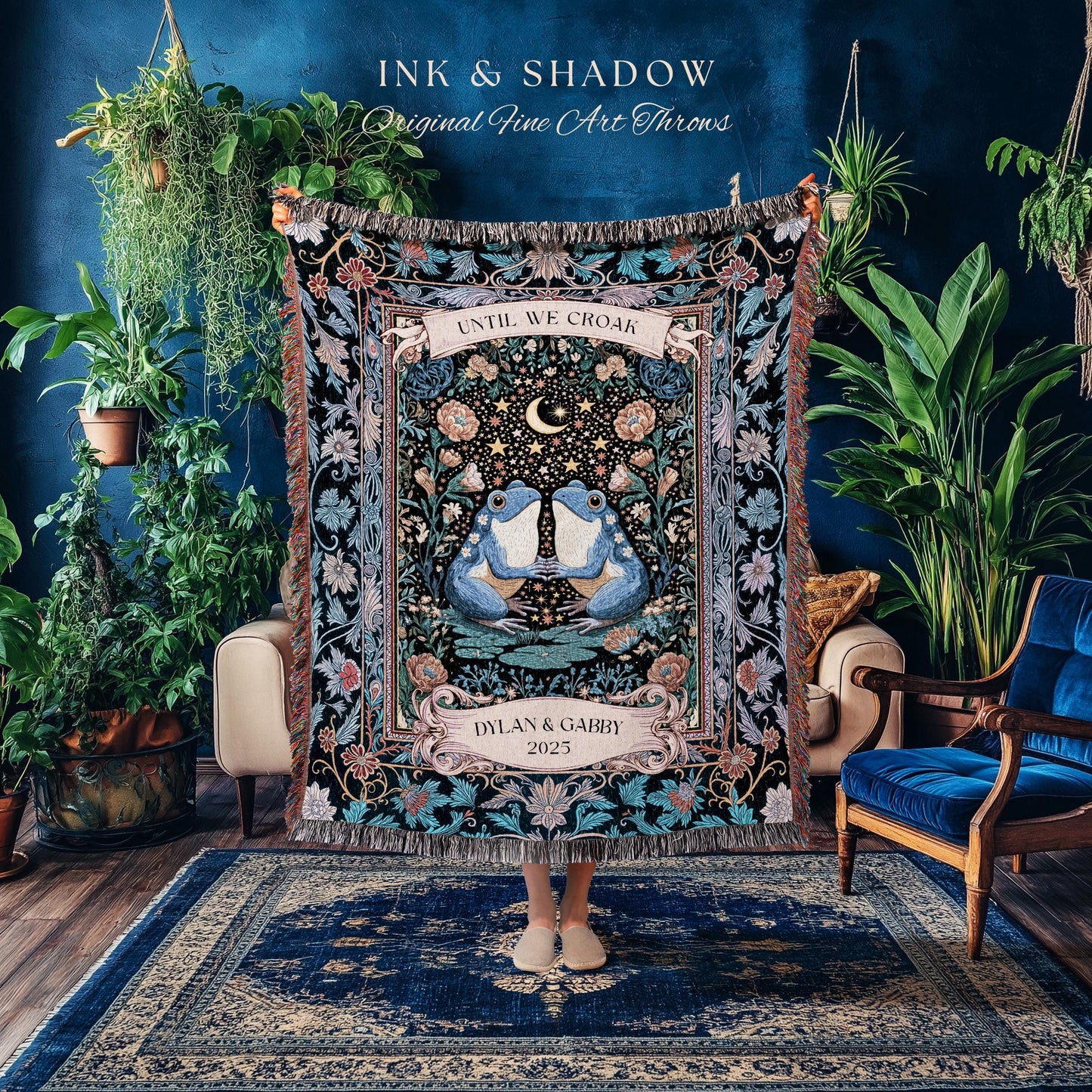 Dark Botanical Personalized Lovers Tapestry | Celestial Gift Frog Lovers Woven Throw Blanket Aesthetic Until we Croak Custom Cottagecore |