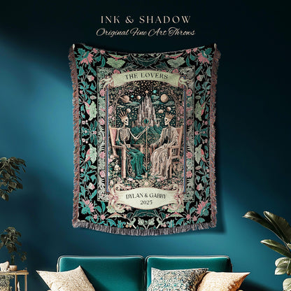 Gothic Lovers Personalized Skeleton Blanket | Celestial Crowned Witchy Whimsical Magic Fantasy Throw Fairytale Mystical Royal Couple Custom