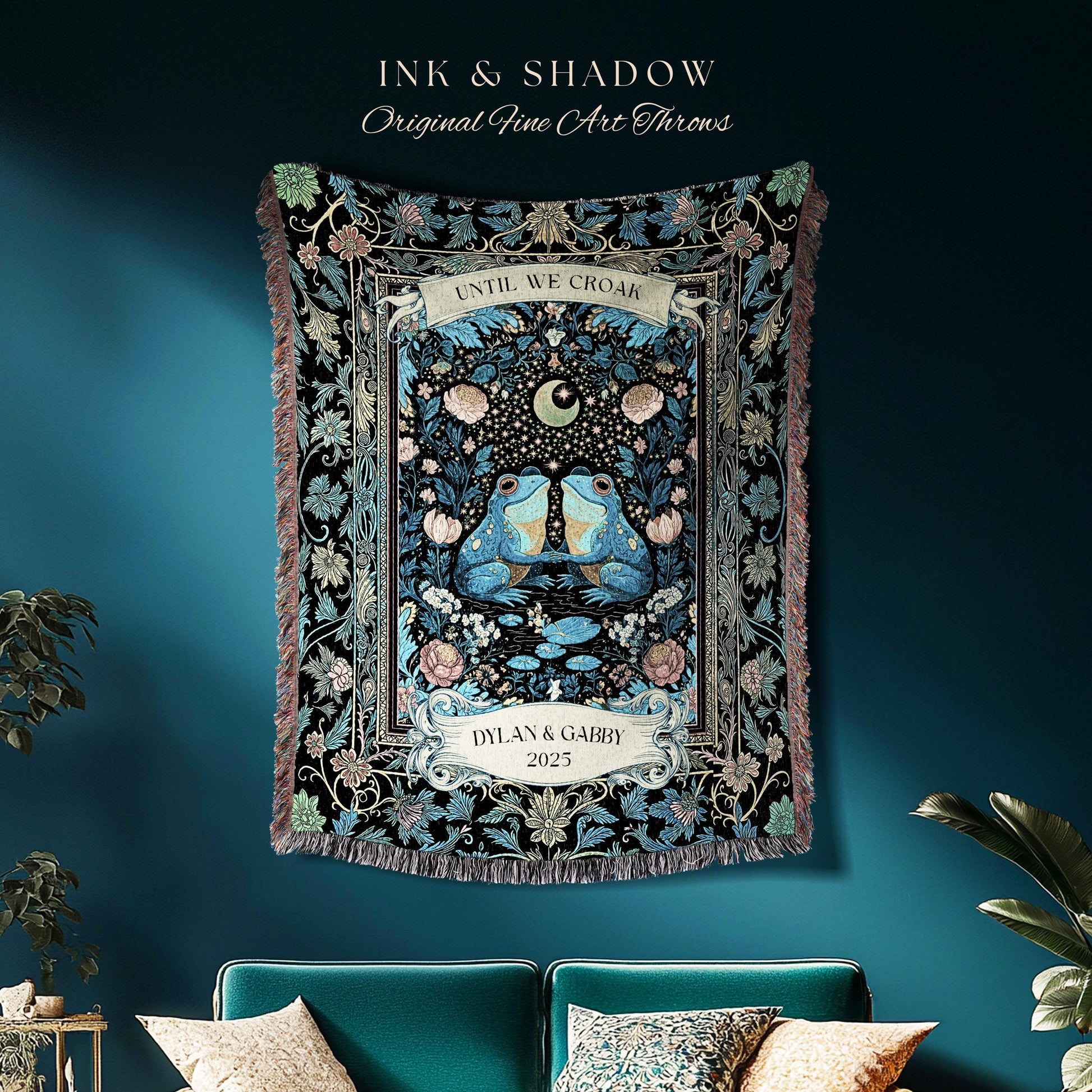 Personalized Frog Lovers Blue Moon Throw | Whimsigoth Woven Tapestry Enchanted Garden Until we Croak Gift Goblincore Couple Custom Blanket