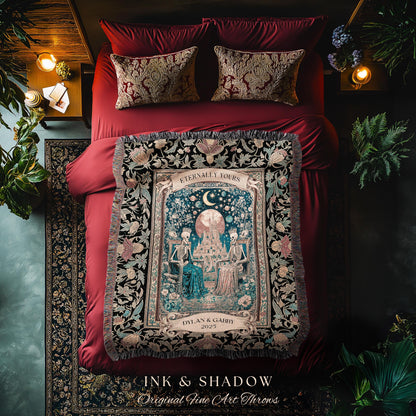 Golden Custom Skeleton Couple Throw | Celestial Personalized Gothic Lovers Moonlit Romantic Baroque Floral Gothic Fairytale Magic Blanket |