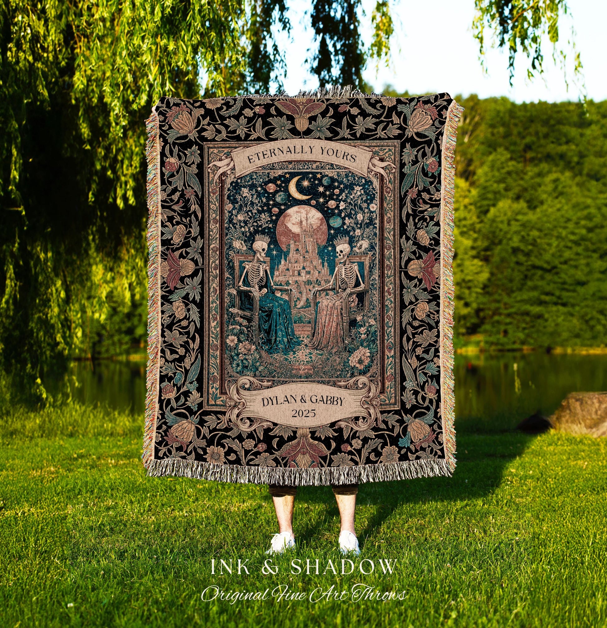 Golden Custom Skeleton Couple Throw | Celestial Personalized Gothic Lovers Moonlit Romantic Baroque Floral Gothic Fairytale Magic Blanket |