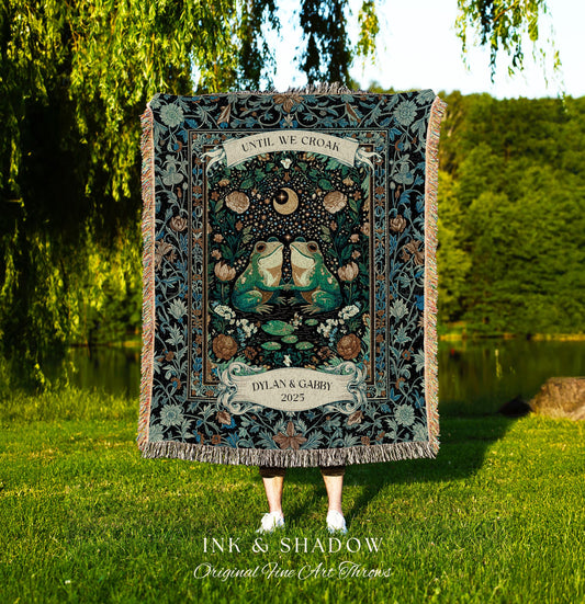 Personalized Cottagecore Frog Couple Throw | Woodland Wedding Dark Fairycore Custom Names Mystic Theme Tapestry Goblincore Whimsical Style |