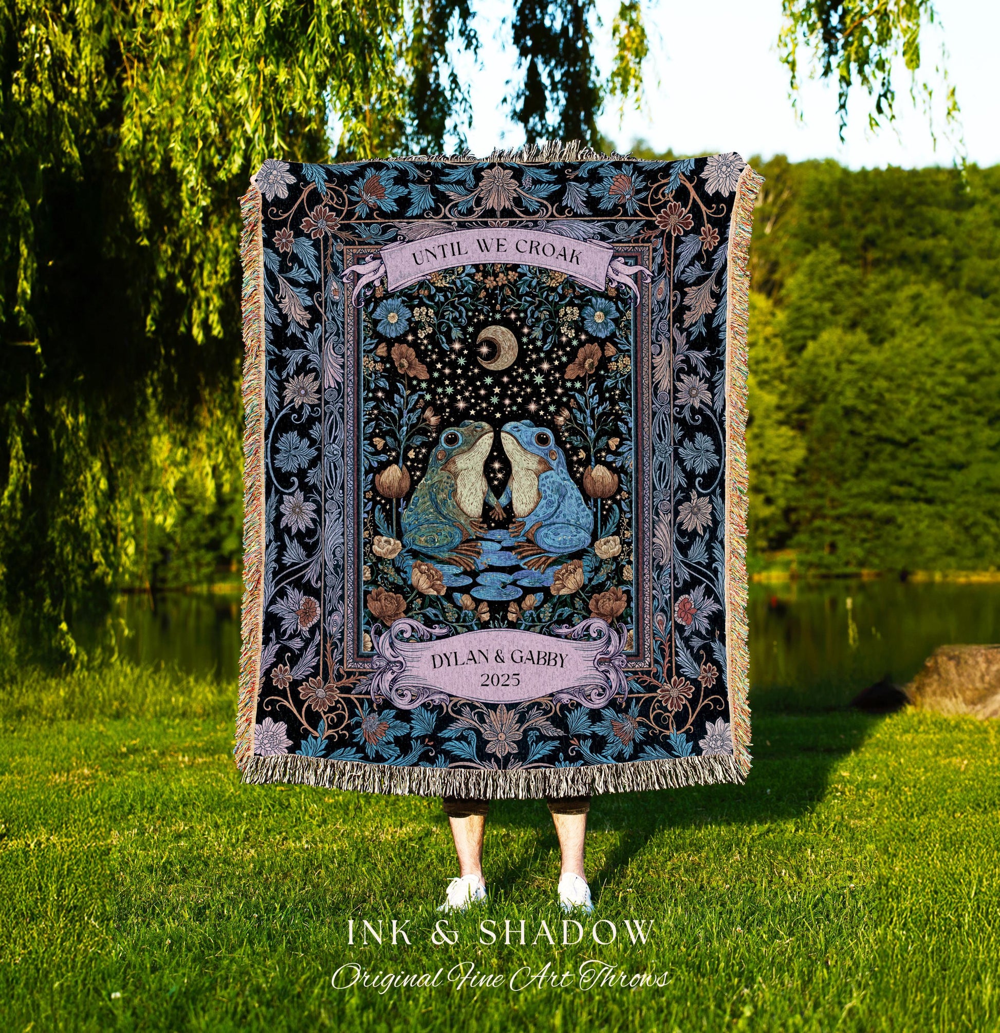 Magical Frog Lovers Personalized Throw | Whimsical Couple Enchanted Forestcore Wedding Mystical Fantasy Aesthetic Goblincore Forest Blanket