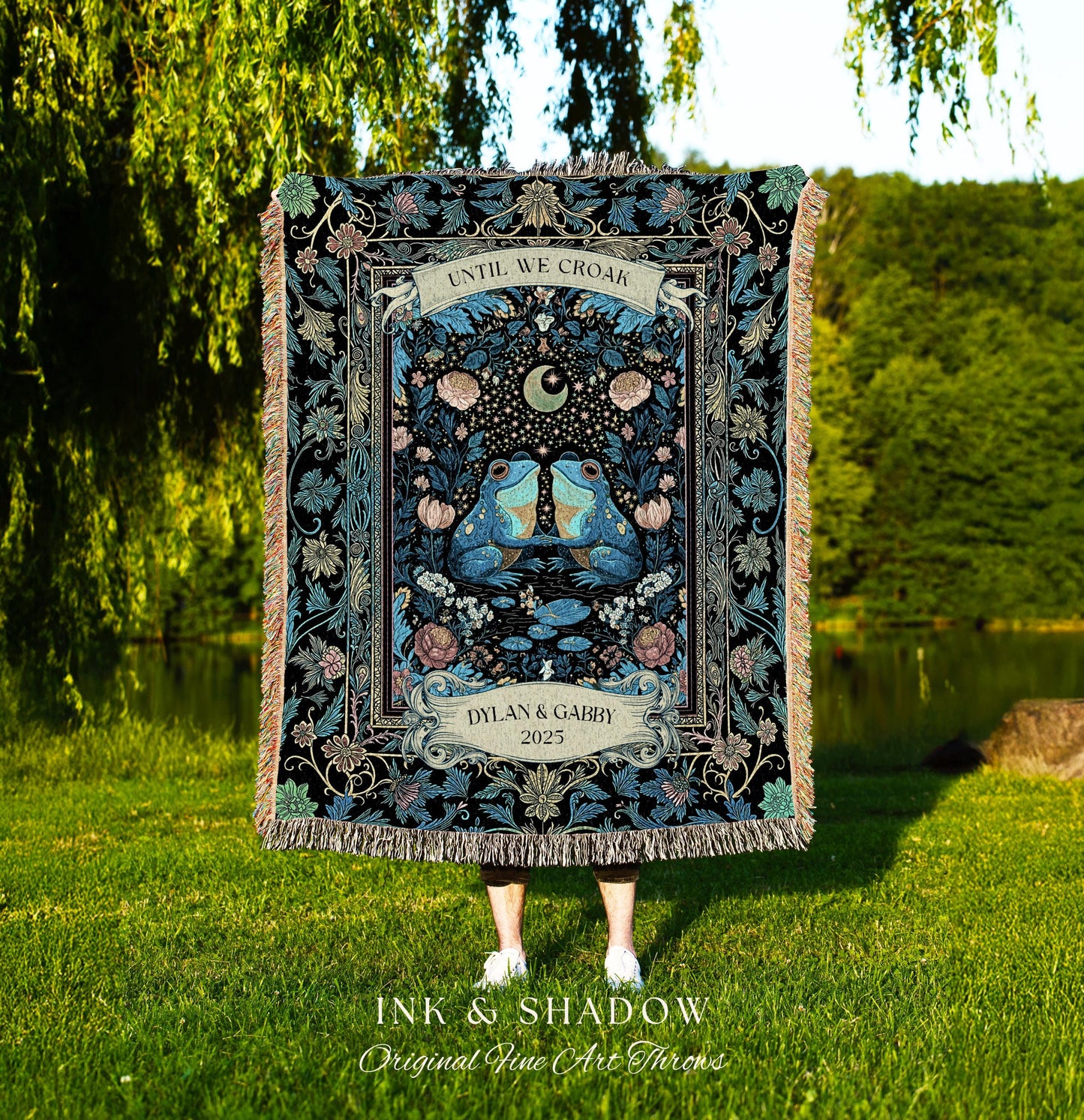Personalized Frog Lovers Blue Moon Throw | Whimsigoth Woven Tapestry Enchanted Garden Until we Croak Gift Goblincore Couple Custom Blanket