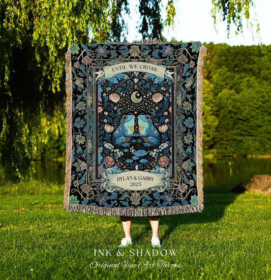 Personalized Frog Lovers Blue Moon Throw | Whimsigoth Woven Tapestry Enchanted Garden Until we Croak Gift Goblincore Couple Custom Blanket