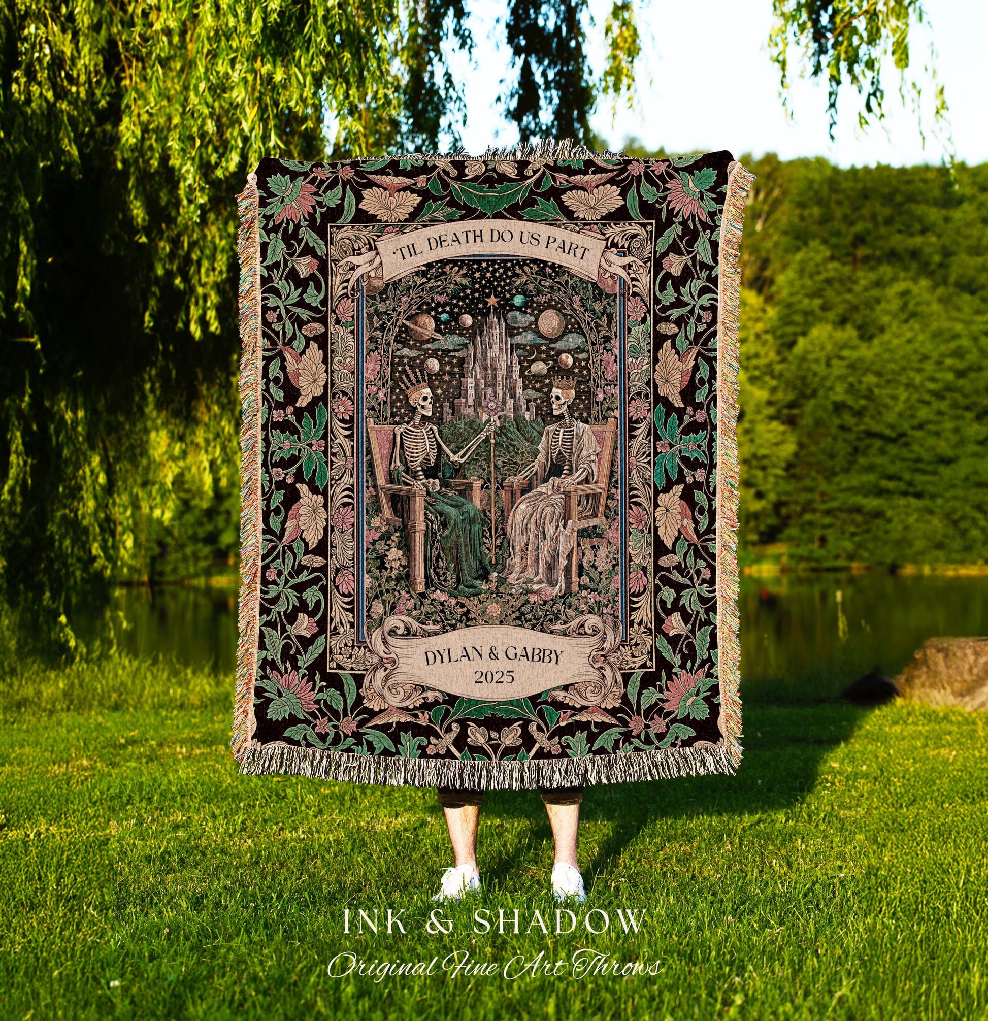 Personalized Pastel Witchy Skeleton Couple Throw | Dark Academia Whimsical Fantasy Occult Spooky Gothic Couple Blanket Wiccan Dark Aesthetic