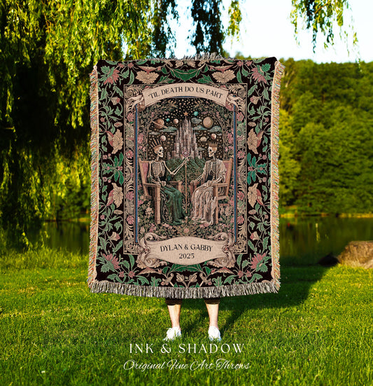 Personalized Pastel Witchy Skeleton Couple Throw | Dark Academia Whimsical Fantasy Occult Spooky Gothic Couple Blanket Wiccan Dark Aesthetic