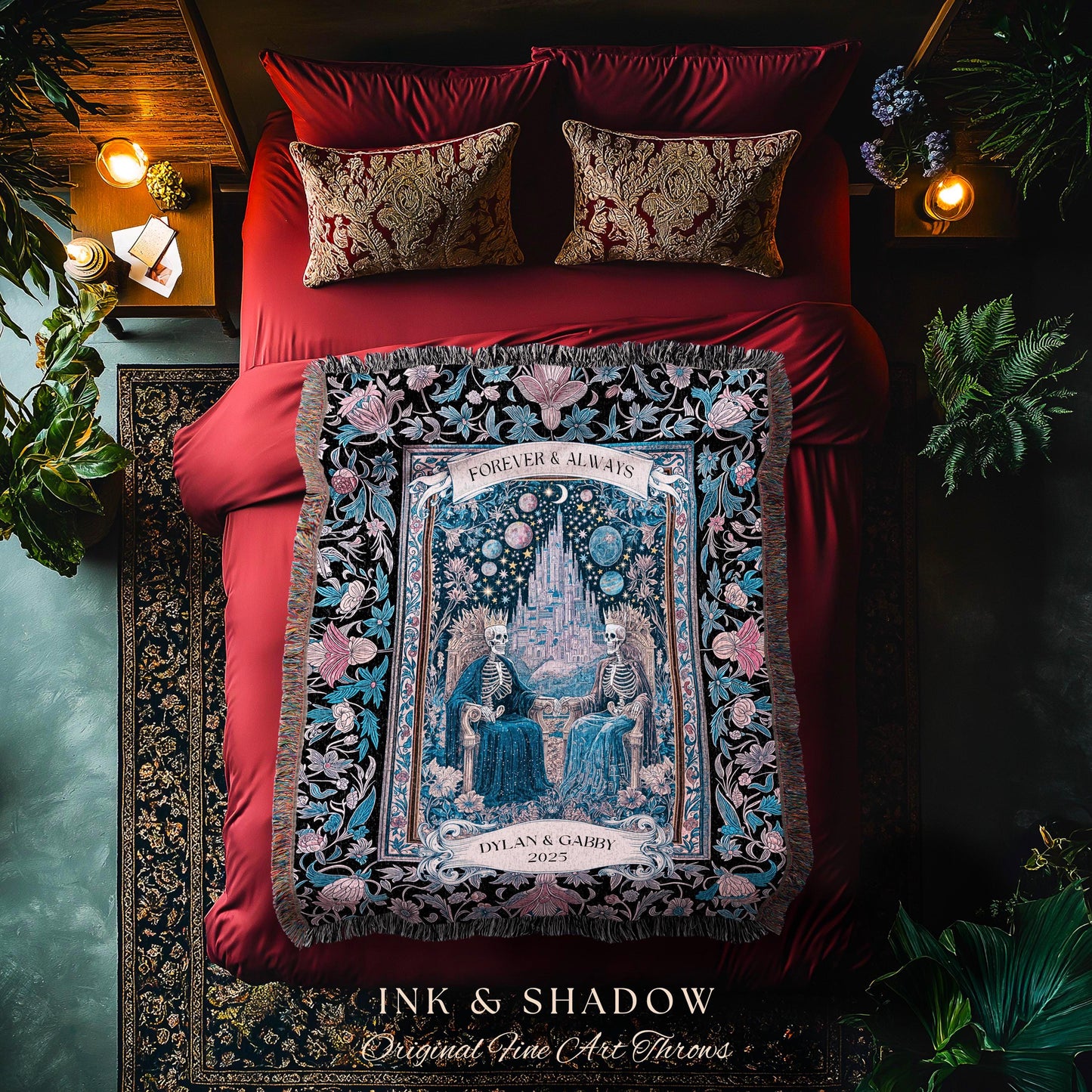 Celestial Skeleton Lovers Custom Throw | Dark Academia Castle Fantasy Whimsigothic Personalized Couple Fairytale Floral Magic Aesthetic Gift