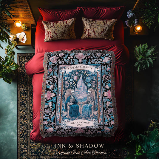 Celestial Skeleton Lovers Custom Throw | Dark Academia Castle Fantasy Whimsigothic Personalized Couple Fairytale Floral Magic Aesthetic Gift