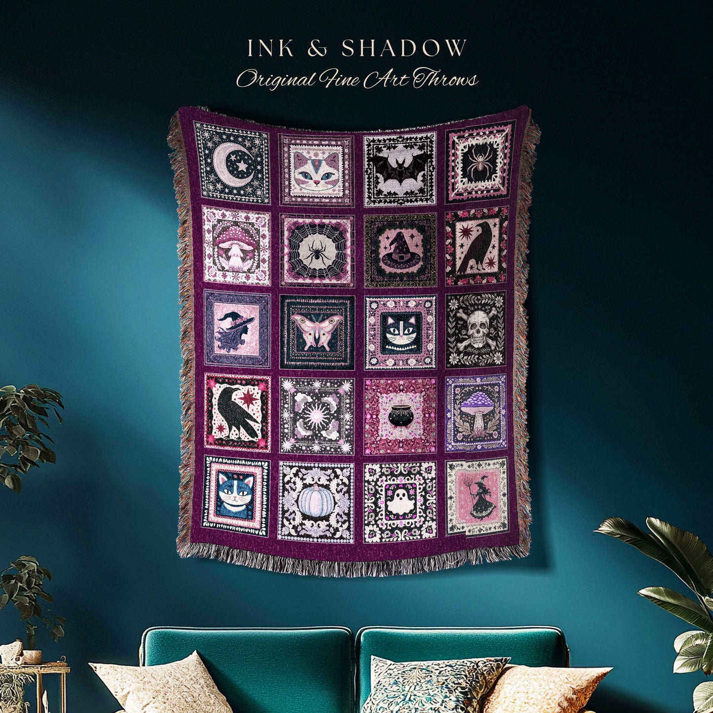 Autumnal Whimsy Purple Throw Blanket | Cozy Gothic Witchcore Decor Dark Academia Accent Halloween Tapestry Gift for Cute Bedroom Style Retro
