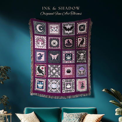 Autumnal Whimsy Purple Throw Blanket | Cozy Gothic Witchcore Decor Dark Academia Accent Halloween Tapestry Gift for Cute Bedroom Style Retro