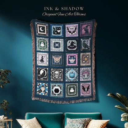 Celestial Blue Halloween Magic Blanket | Whimsical Witchcore Woven Throw Cozy Boho Fairycore Decor Spooky Season Bedroom Tapestry Cute Goth