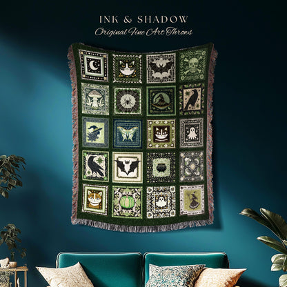 Emerald Green Boho Halloween Blanket | Witchcore Ghost Woven Throw Cozy Bedroom Accent Spooky Season Decor Whimsigoth Gift for Gothic Style