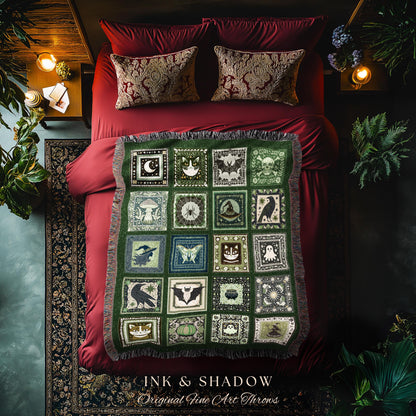 Emerald Green Boho Halloween Blanket | Witchcore Ghost Woven Throw Cozy Bedroom Accent Spooky Season Decor Whimsigoth Gift for Gothic Style