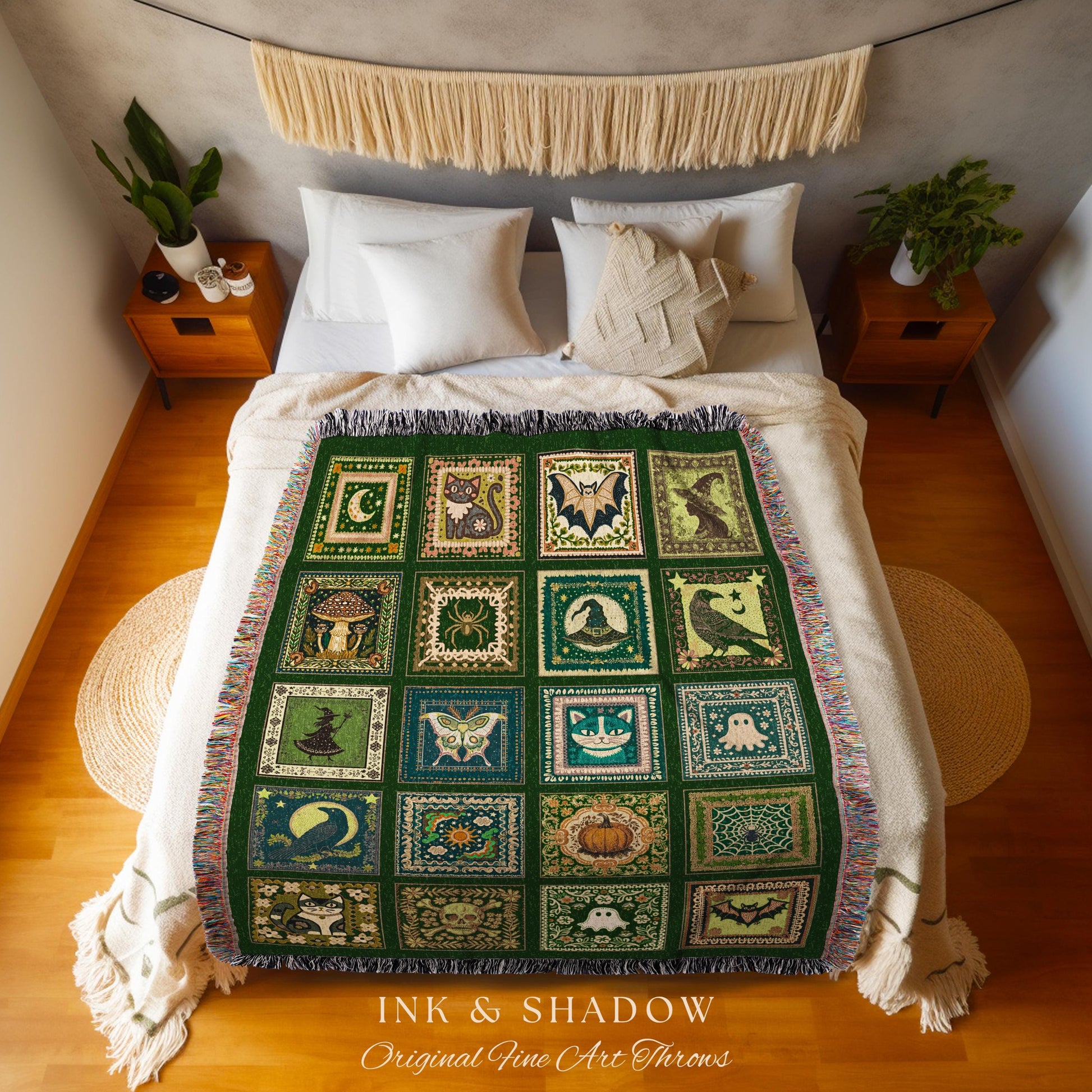 Boho Autumn Witchy Cozy Throw Blanket | Halloween Cozy Bedroom Decor Whimsigoth Tapestry Gothic Green Accent Spooky Gift Fairycore Grunge |
