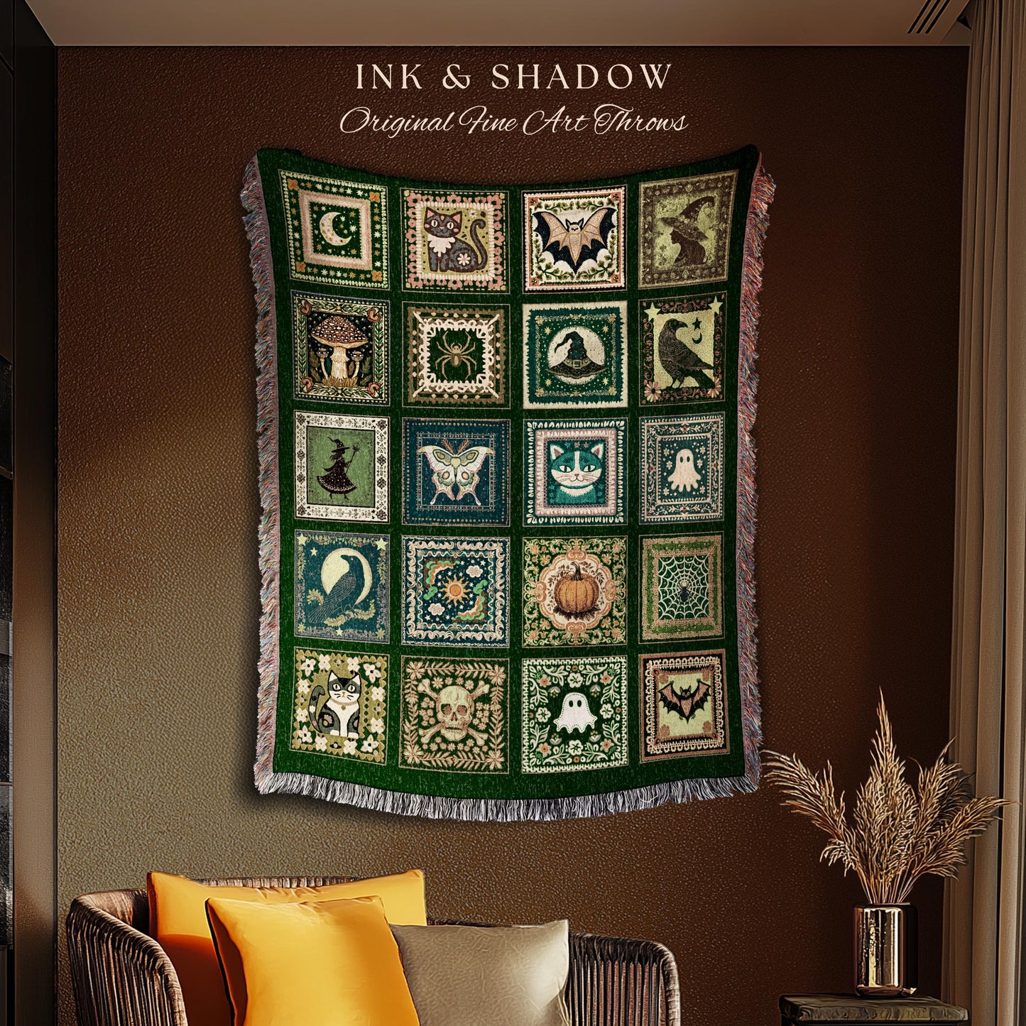 Boho Autumn Witchy Cozy Throw Blanket | Halloween Cozy Bedroom Decor Whimsigoth Tapestry Gothic Green Accent Spooky Gift Fairycore Grunge |