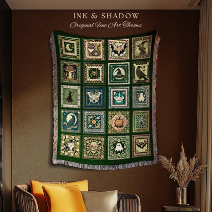 Boho Autumn Witchy Cozy Throw Blanket | Halloween Cozy Bedroom Decor Whimsigoth Tapestry Gothic Green Accent Spooky Gift Fairycore Grunge |