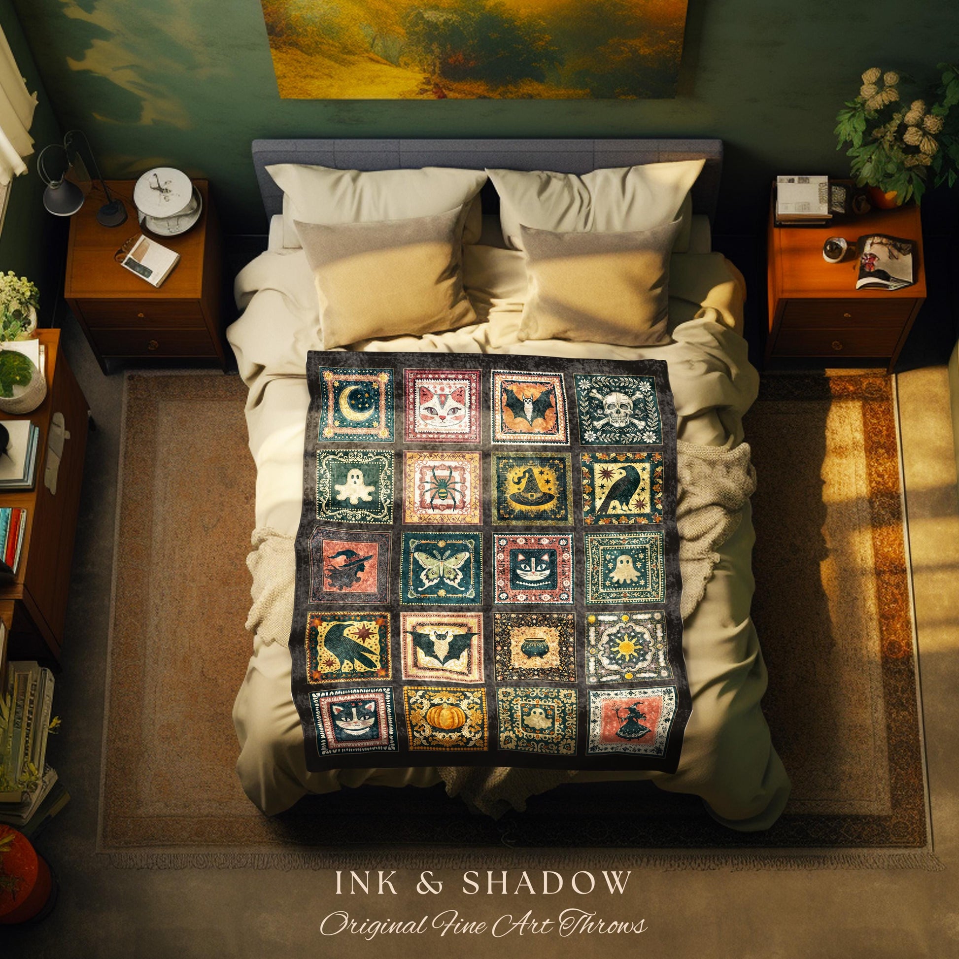 Retro Whimsigothic Spooky Throw Cute | Dark Academia Blanket Boho Halloween Tapestry Whimsigothic Pumpkin Season Aesthetic Gift for Goths