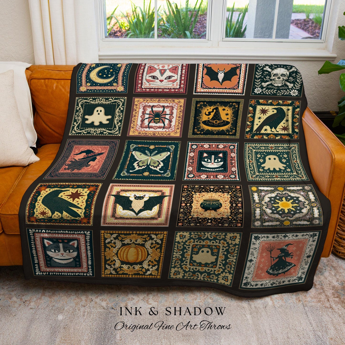 Retro Whimsigothic Spooky Throw Cute | Dark Academia Blanket Boho Halloween Tapestry Whimsigothic Pumpkin Season Aesthetic Gift for Goths