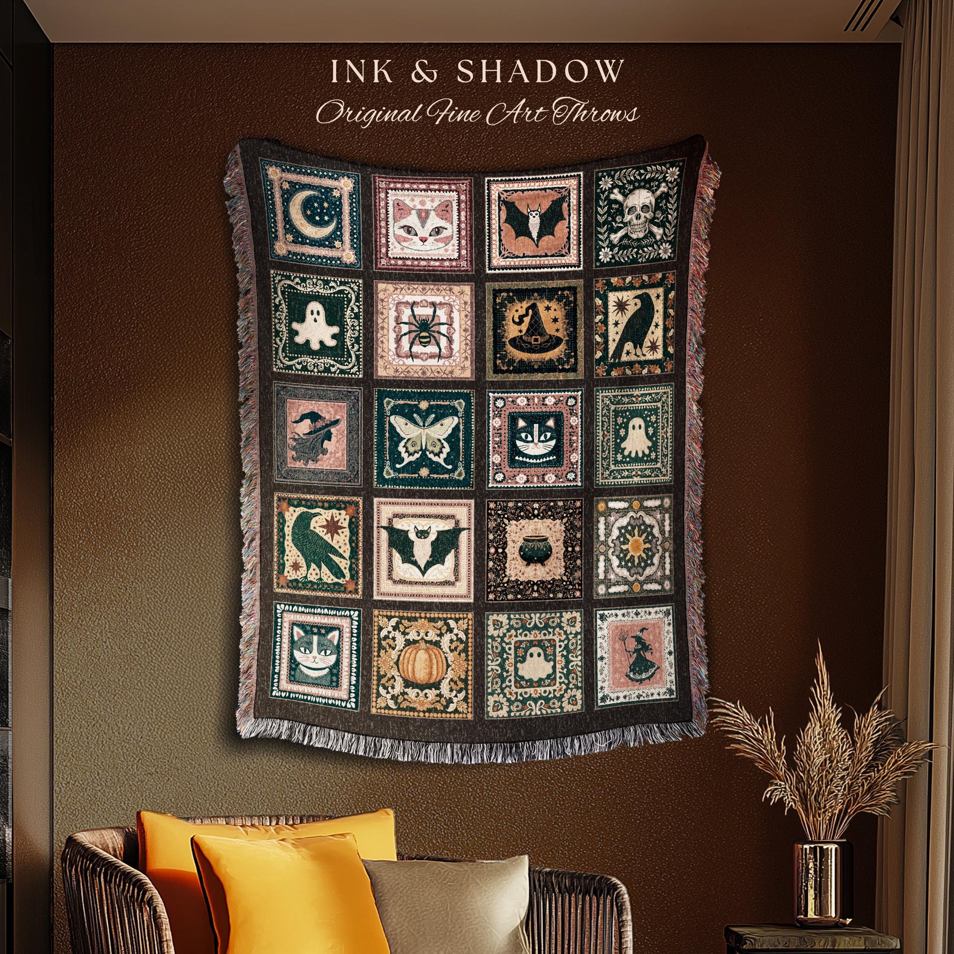 Retro Whimsigothic Spooky Throw Cute | Dark Academia Blanket Boho Halloween Tapestry Whimsigothic Pumpkin Season Aesthetic Gift for Goths