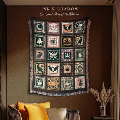 Retro Whimsigothic Spooky Throw Cute | Dark Academia Blanket Boho Halloween Tapestry Whimsigothic Pumpkin Season Aesthetic Gift for Goths