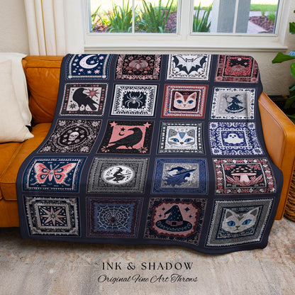 Pastel Crowcore Cute Halloween Throw Blanket | Cozy Witchy Bedroom Accent Grunge Fairycore Decor Spooky Cat Lover Gift Woven Wall Tapestry |