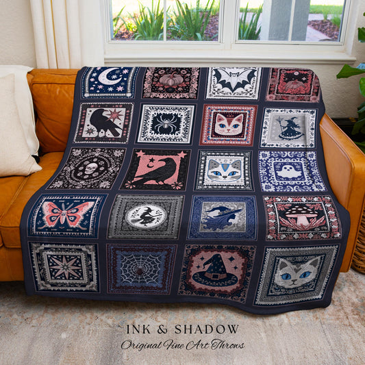 Pastel Crowcore Cute Halloween Throw Blanket | Cozy Witchy Bedroom Accent Grunge Fairycore Decor Spooky Cat Lover Gift Woven Wall Tapestry |