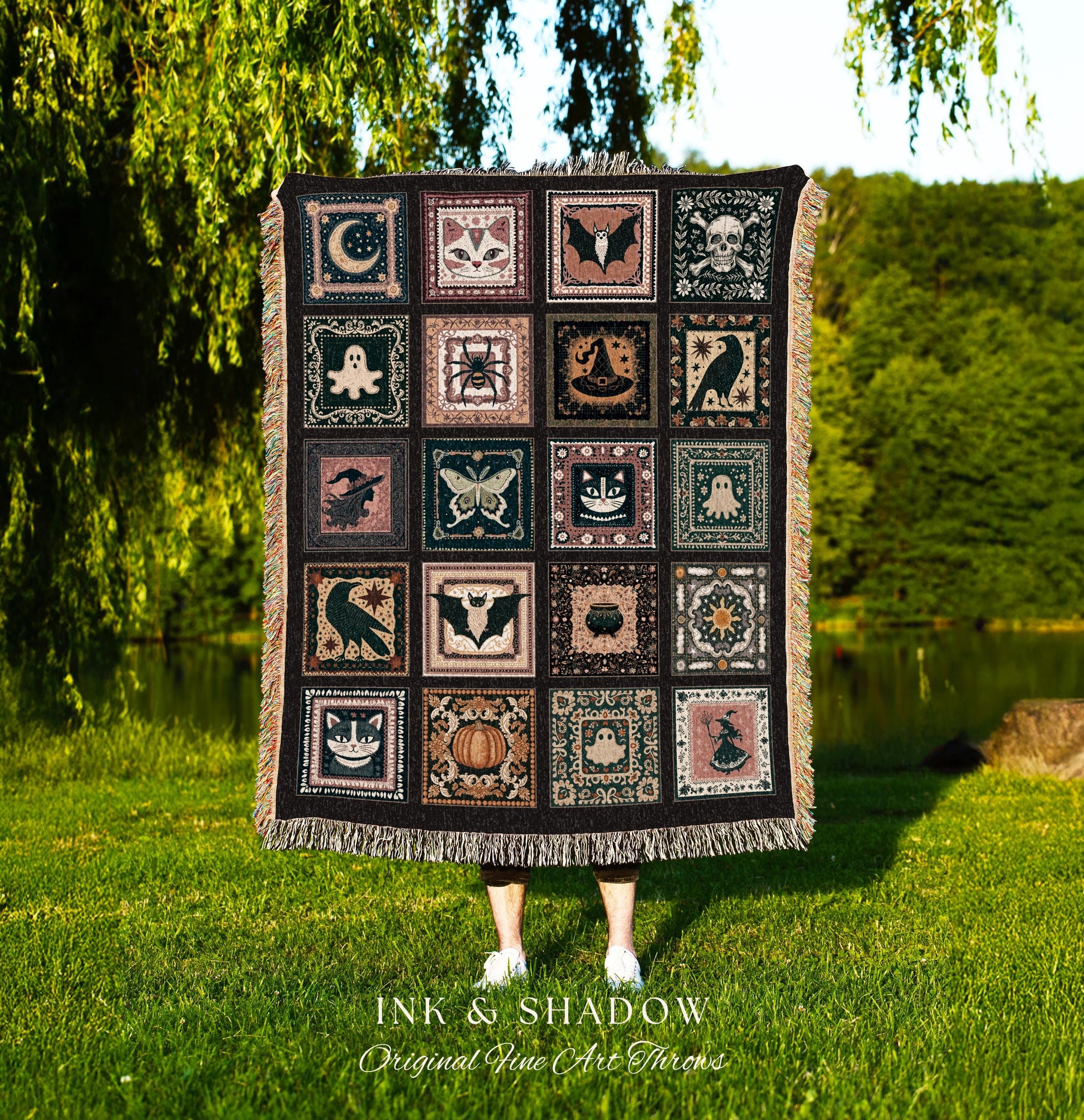 Retro Whimsigothic Spooky Throw Cute | Dark Academia Blanket Boho Halloween Tapestry Whimsigothic Pumpkin Season Aesthetic Gift for Goths