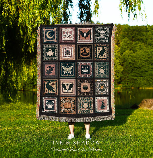 Retro Whimsigothic Spooky Throw Cute | Dark Academia Blanket Boho Halloween Tapestry Whimsigothic Pumpkin Season Aesthetic Gift for Goths