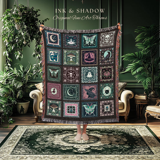Mystic Maximalist Dark Gothic Throw Blanket | Whimsical Woven Tapestry Spooky Halloween Dark Academia Grunge Fairycore Cute Witch Aesthetic