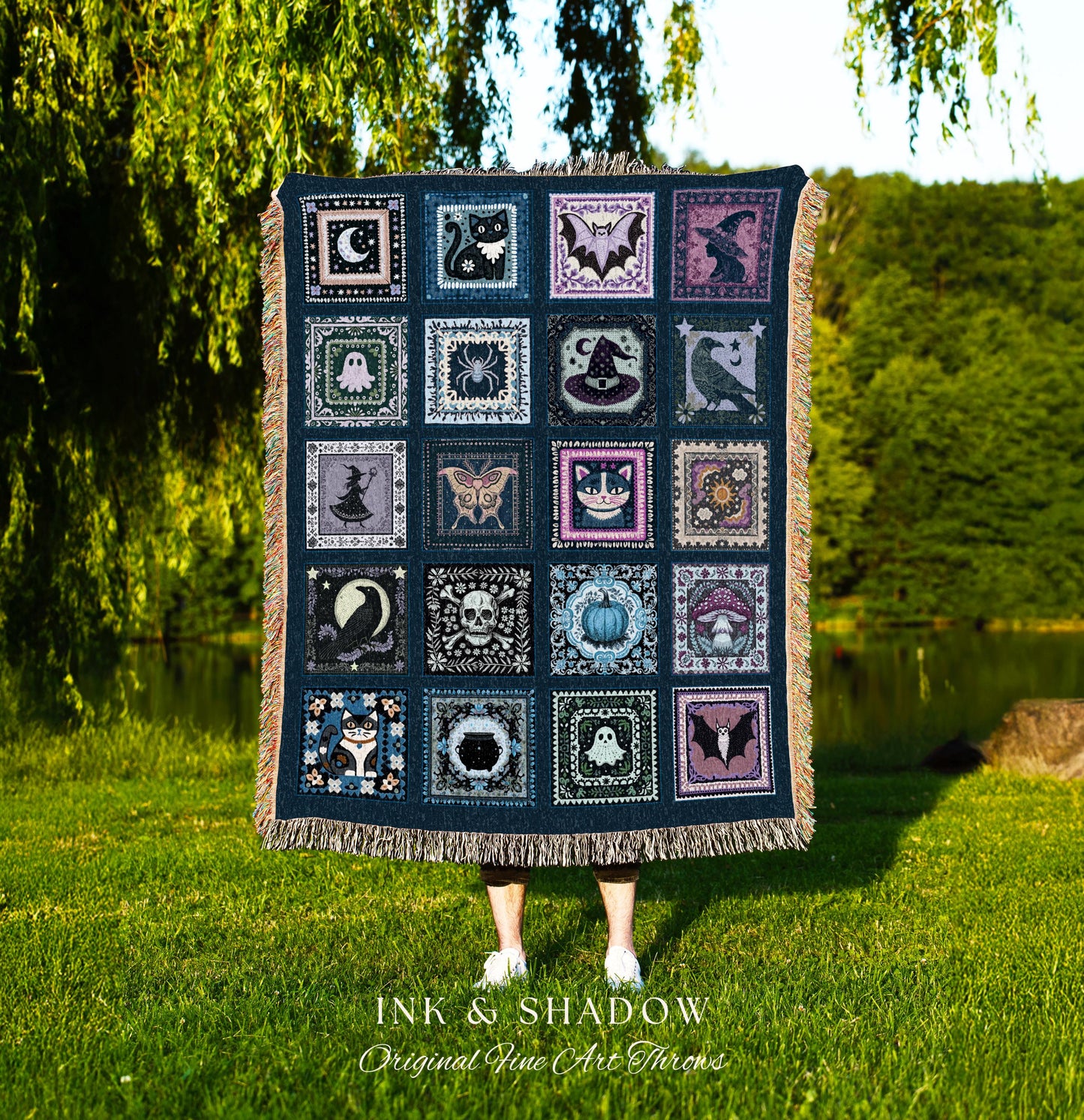 Celestial Blue Halloween Magic Blanket | Whimsical Witchcore Woven Throw Cozy Boho Fairycore Decor Spooky Season Bedroom Tapestry Cute Goth