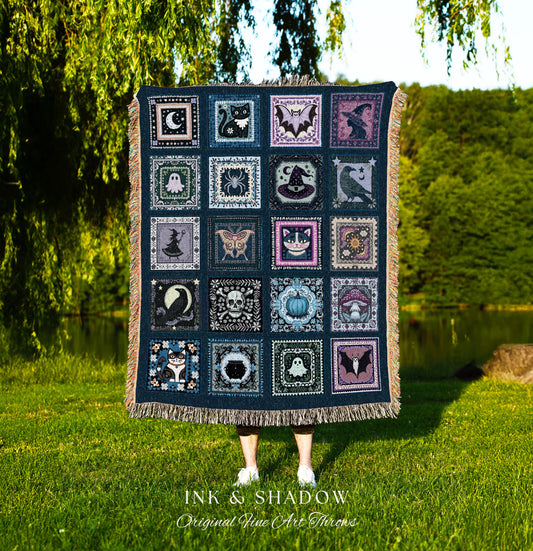 Celestial Blue Halloween Magic Blanket | Whimsical Witchcore Woven Throw Cozy Boho Fairycore Decor Spooky Season Bedroom Tapestry Cute Goth