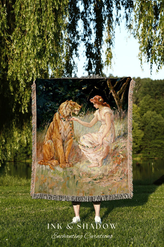 May include: A woven tapestry with a woman in a white dress and a large orange tiger. The woman is holding a flower garland and the tiger is looking at her. The tapestry has a dark green background with a forest scene. The tapestry has a fringe border.