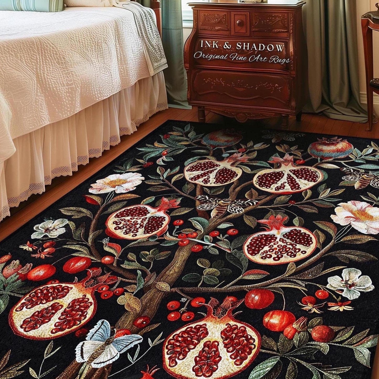 Enchanted Forest Pomegranate Rug Woodland Botanical Forestcore Decor | Nature Inspired Victorian Gothic Dark Cottagecore Floral Fruit Whimsy