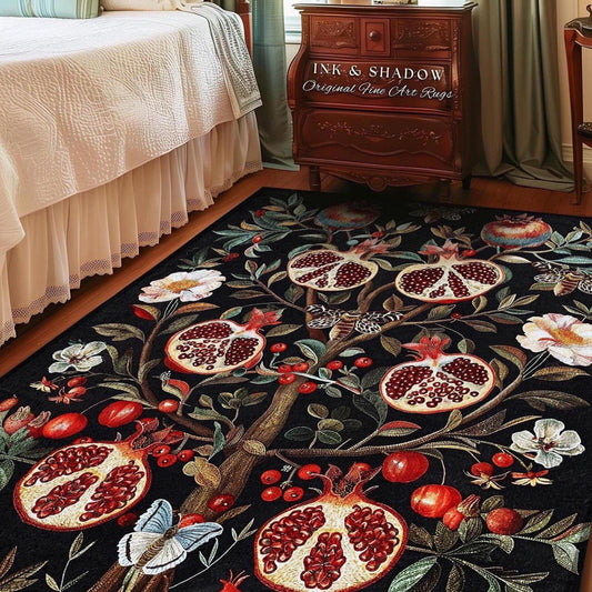 Enchanted Forest Pomegranate Rug Woodland Botanical Forestcore Decor | Nature Inspired Victorian Gothic Dark Cottagecore Floral Fruit Whimsy