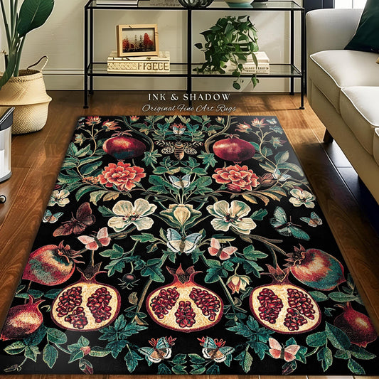 Ethereal Pomegranate Floral Forestcore Rug Enchanted Woodland Gothic Decor | Baroque Inspired Dark Academia Moth Butterfly Fairycore Art Rug