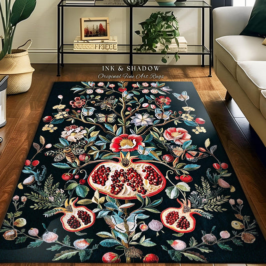 Fairycore Floral Pomegranate Whimsigoth Rug Enchanted Forest Moth Butterfly Decor | Whimsical Cottagecore Vintage Botanical Woodland Whimsy