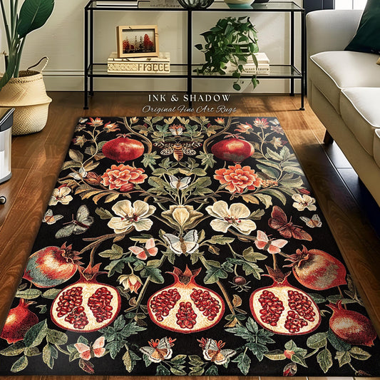 Cottagecore Pomegranate Botanical Butterfly Rug Enchanted Woodland Whimsy | Vintage Floral Romantic Baroque Whimsical Cozy Elegance Decor