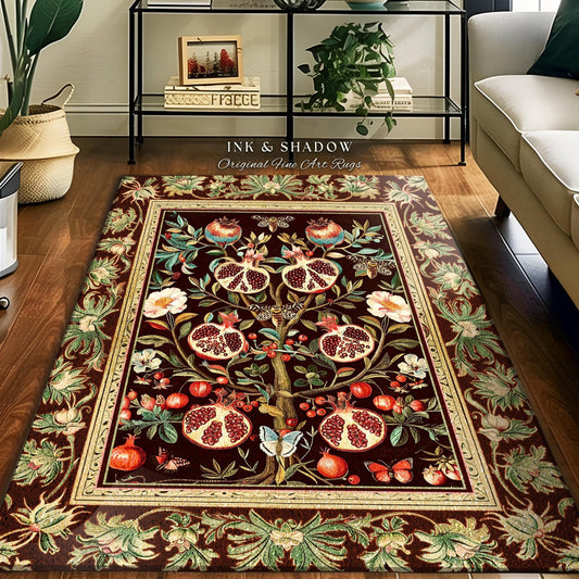 Antique Aesthetic Pomegranate Art Rug Enchanted Garden Cottagecore Decor | Gothic Woodland Whimsy Floral Butterfly Moth Vintage Fairycore