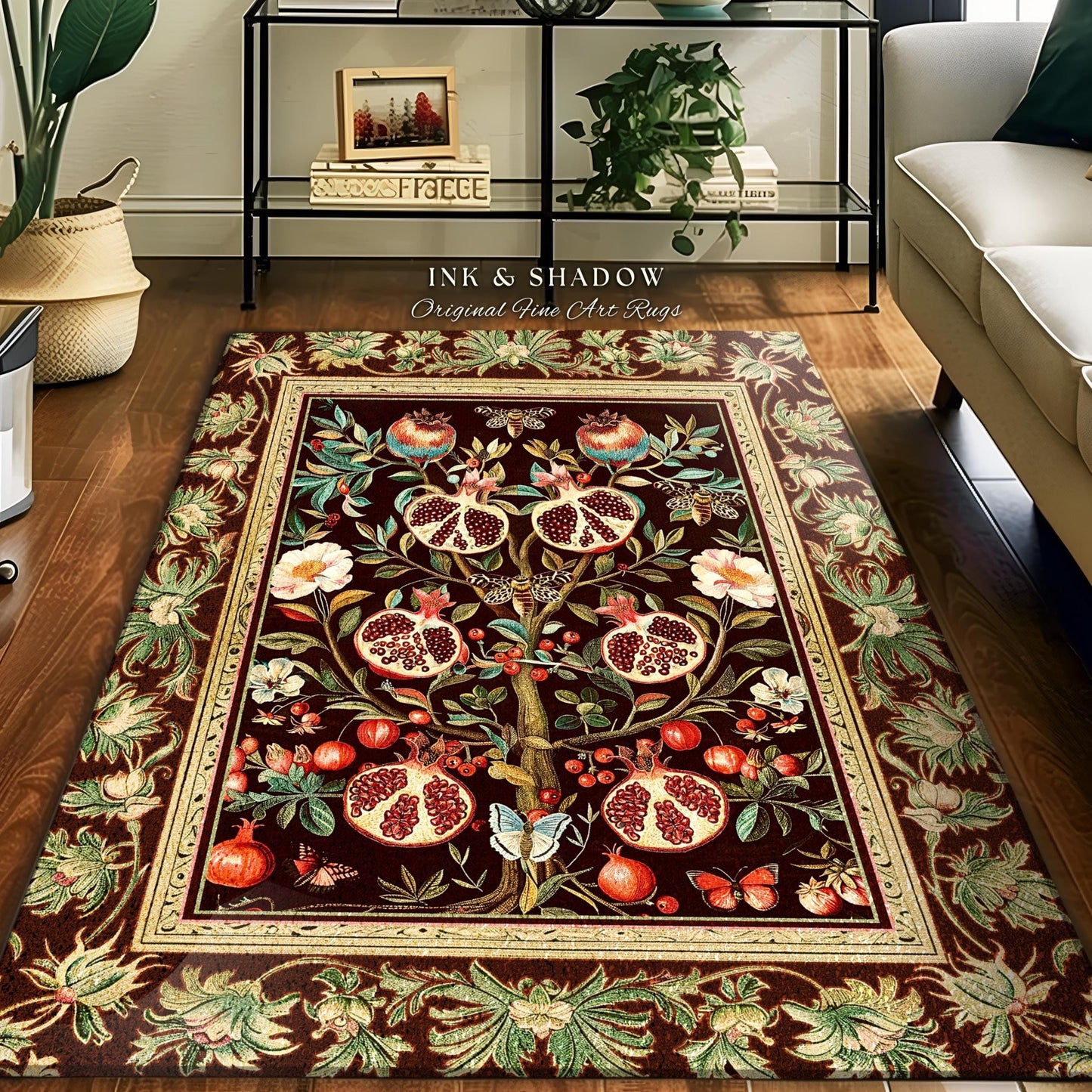 Antique Aesthetic Pomegranate Art Rug Enchanted Garden Cottagecore Decor | Gothic Woodland Whimsy Floral Butterfly Moth Vintage Fairycore