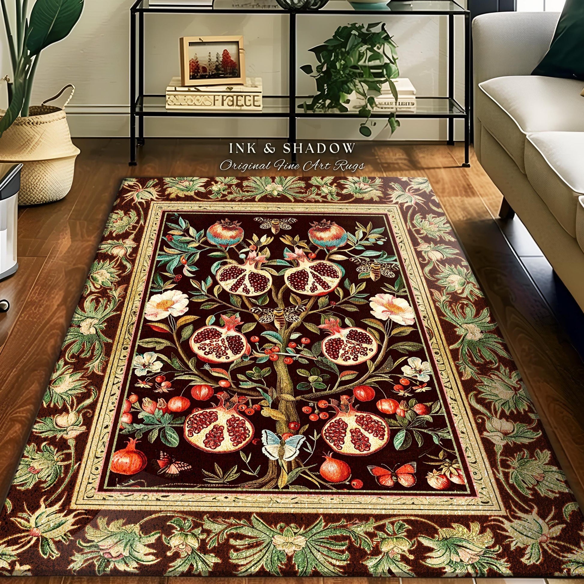 Antique Aesthetic Pomegranate Art Rug Enchanted Garden Cottagecore Decor | Gothic Woodland Whimsy Floral Butterfly Moth Vintage Fairycore